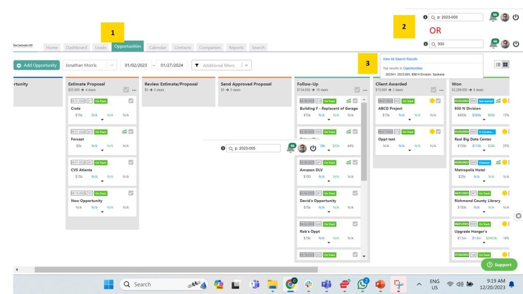 Search for a construction quote or proposal in the iDeal CRM app
